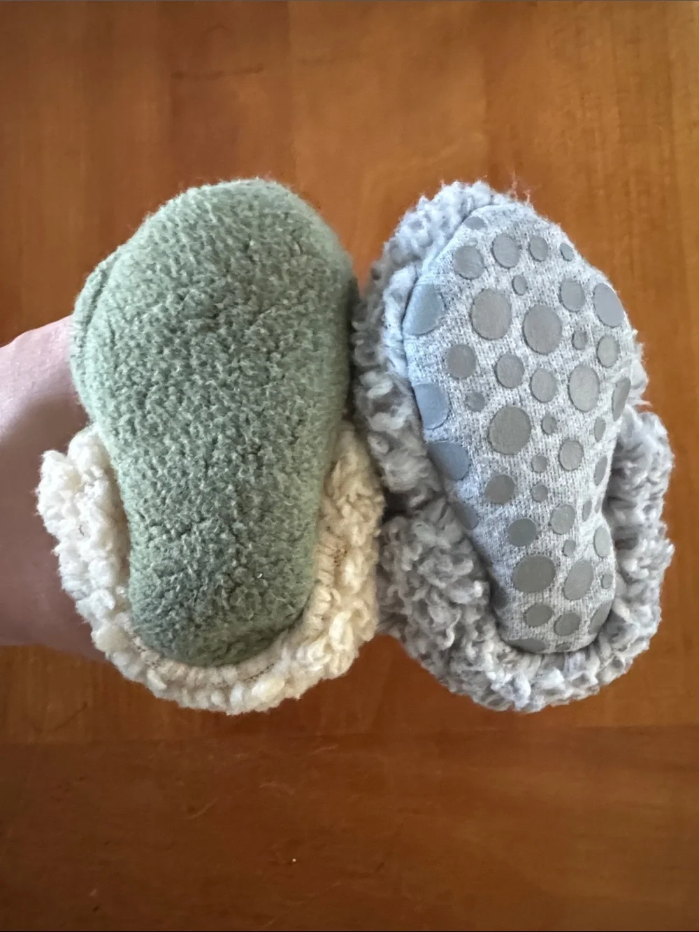 Zutano Baby Booties in Gray and Sage Green with Cream Trim